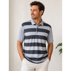 Adidas Golf Polo Shirt Men Large Grey Black Striped Short Sleeve Performance